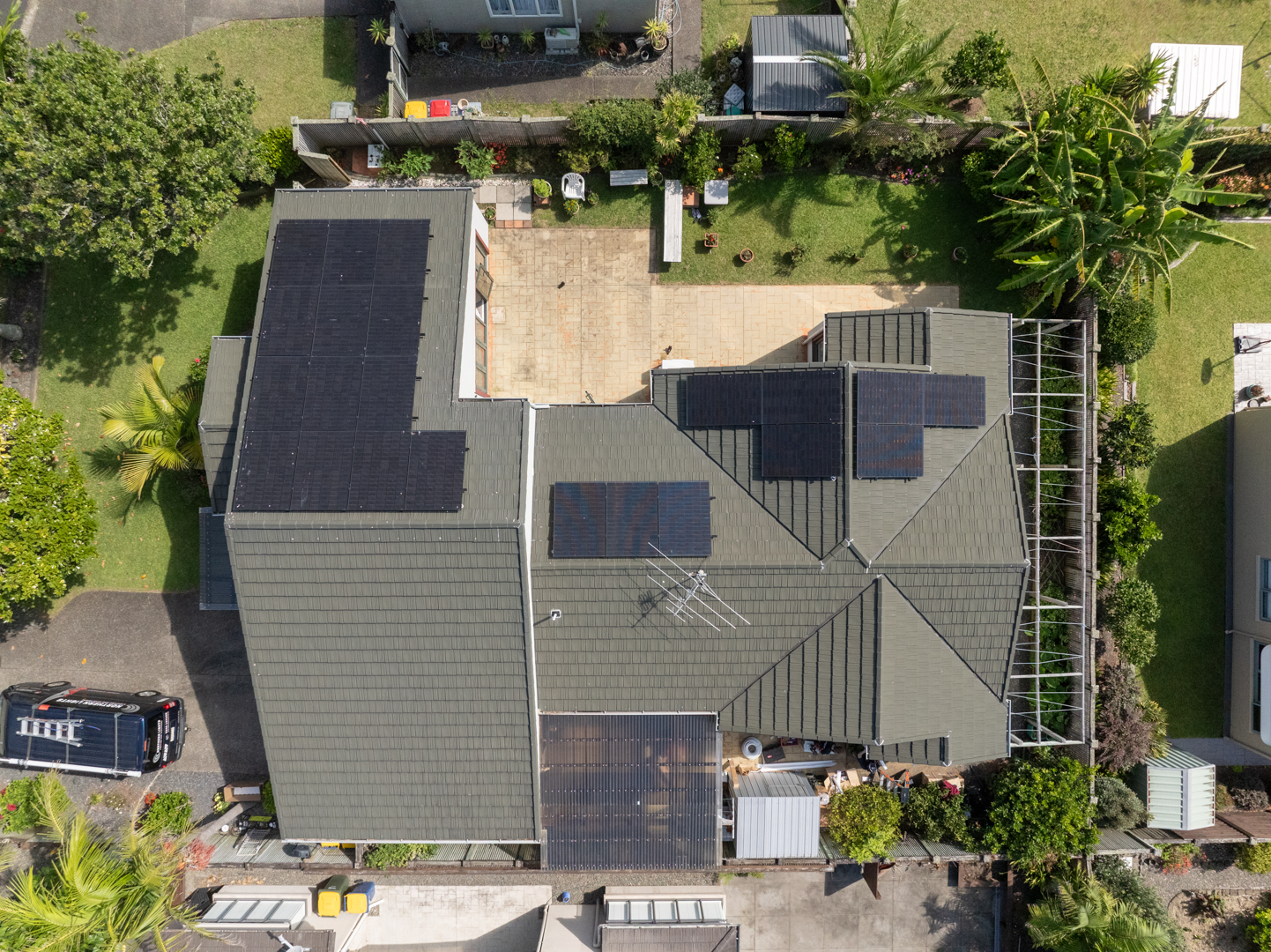Aerial view of solar panel installation on Auckland home by Northern Lights Lighting and Electrical