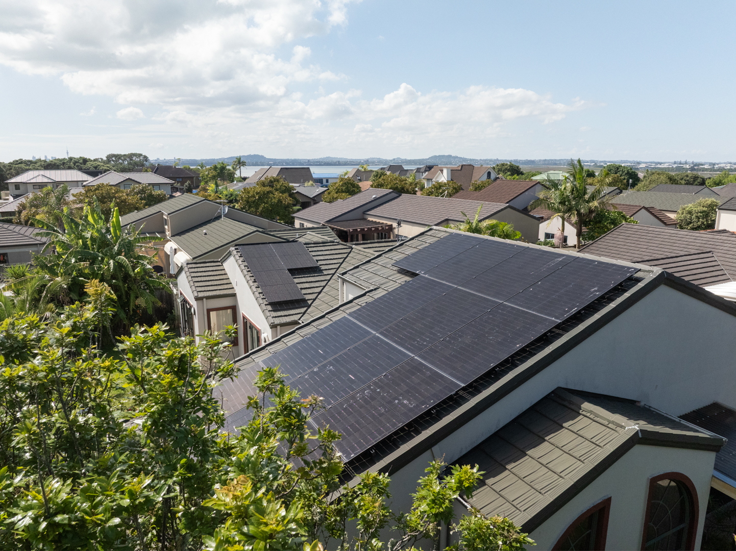 Solar panels on Auckland home overlooking Manukau Harbour